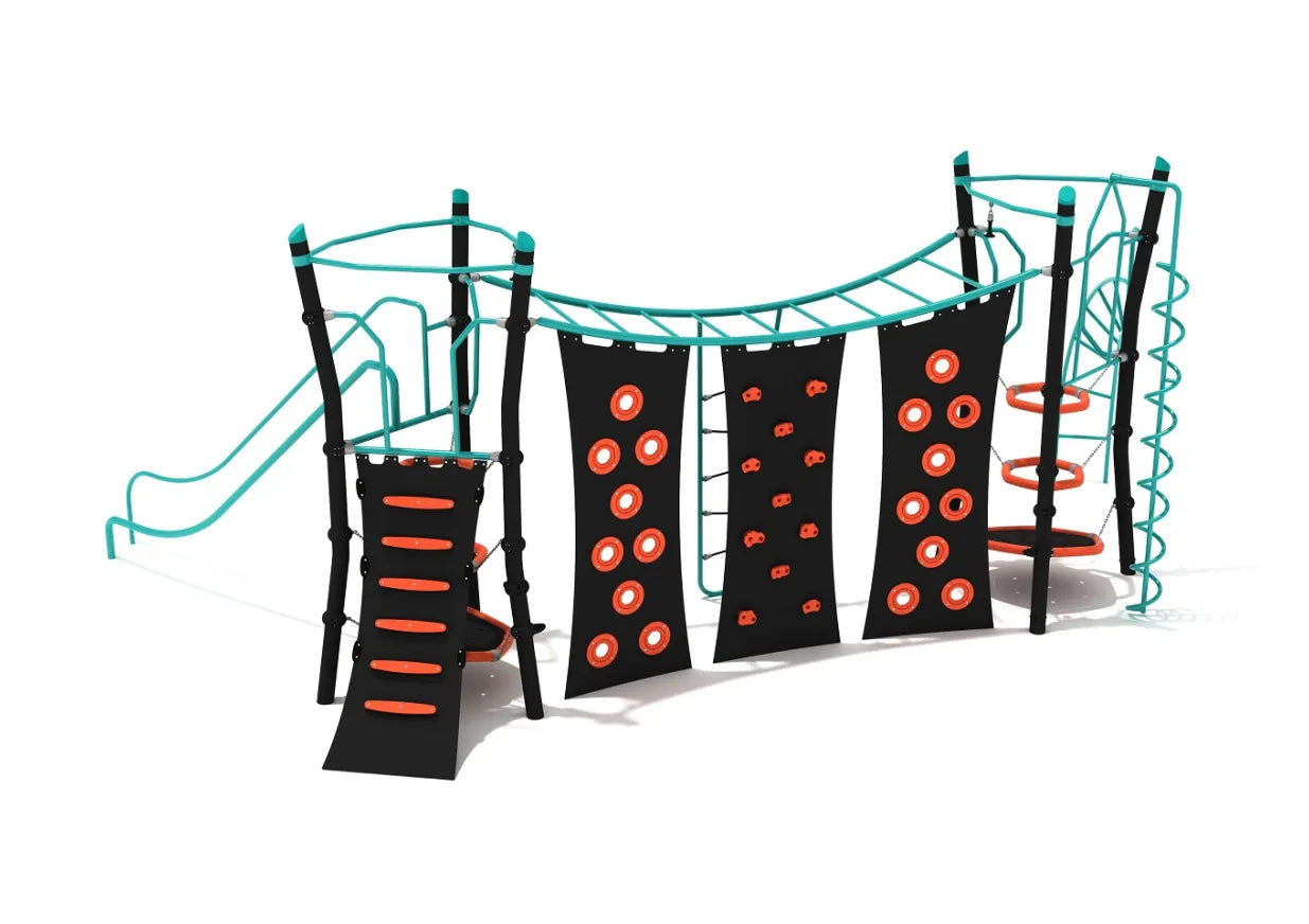 Platte Canyon multi-feature climbing playground with teal and orange accents, showing slide, climbing walls, and overhead ladder
