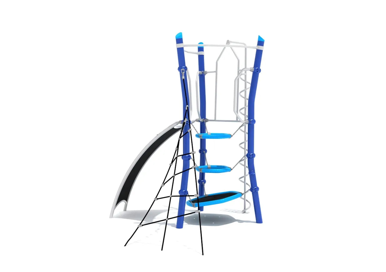 Front view of Mount Hayes playground climber with slide, rope net, and blue pod steps