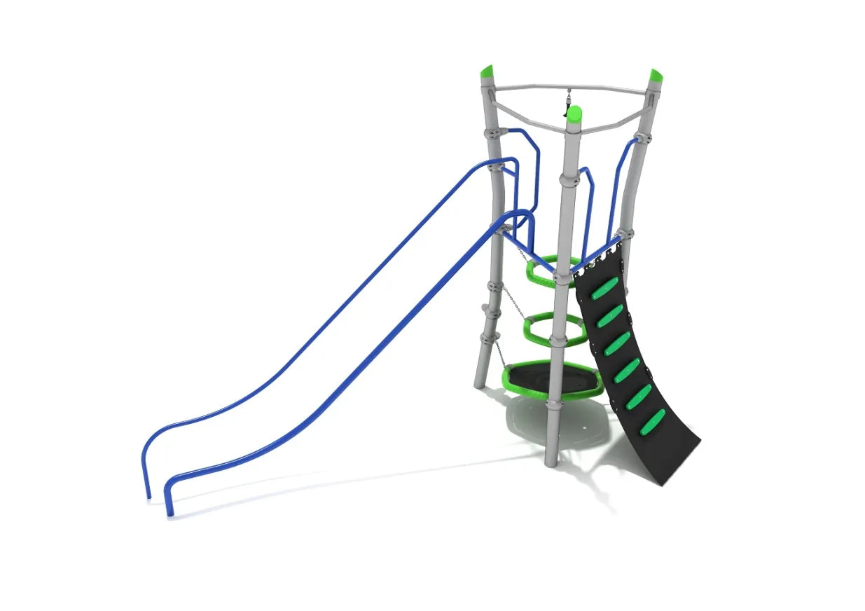 Angled view of Mount Logan climbing play structure with blue parallel bars, green and black flex climber, and ring stack climber