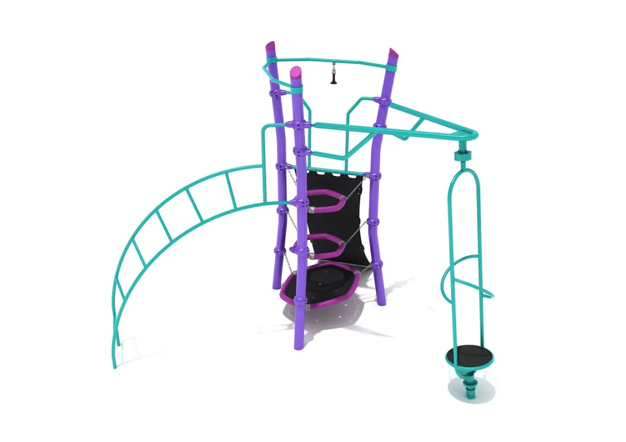 Front angled view of the Mount Blackburn playground climber showing curved monkey bar ladder, ring stack climber, and standing orbital spinner in teal and purple.