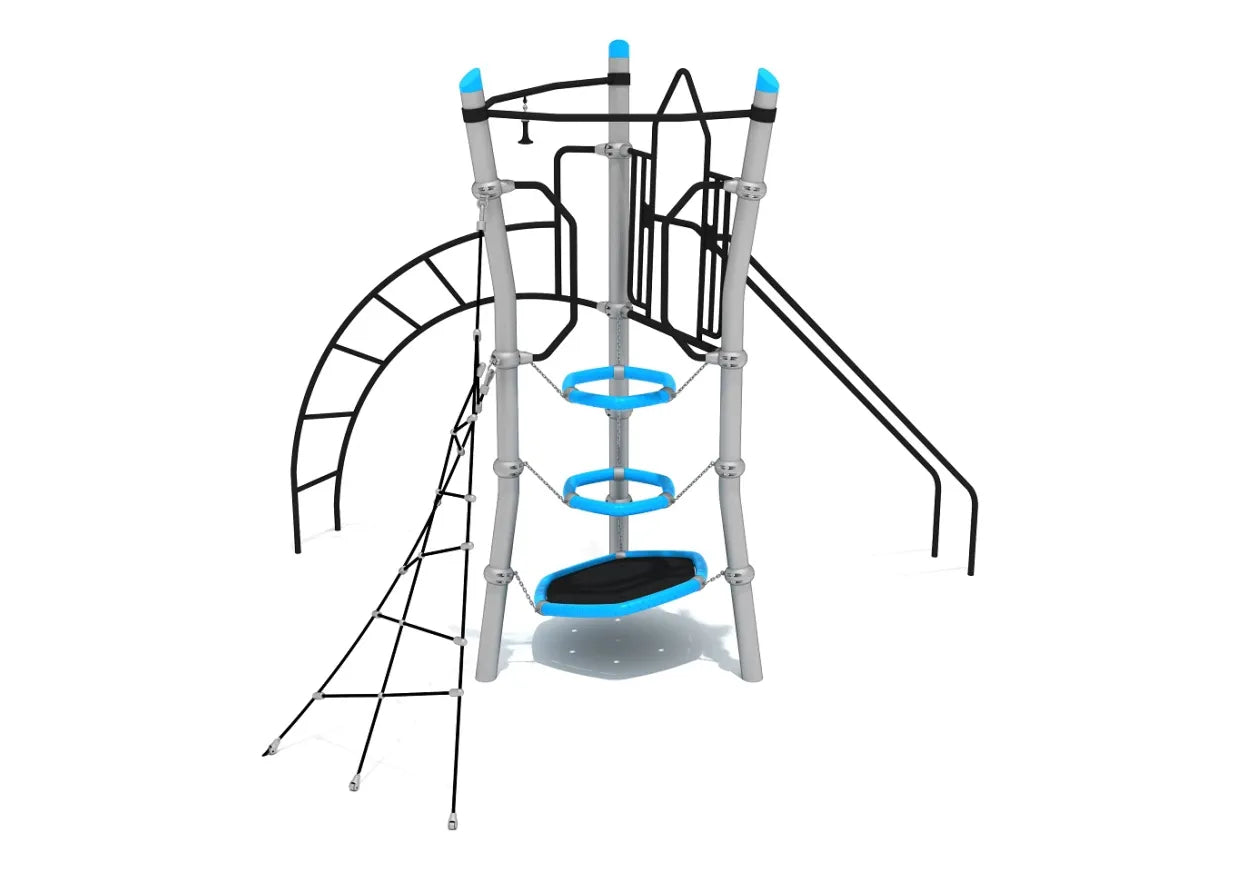 Front view of Mount Cooper climbing structure with rope wall, pod steps, and curved monkey bar ladder