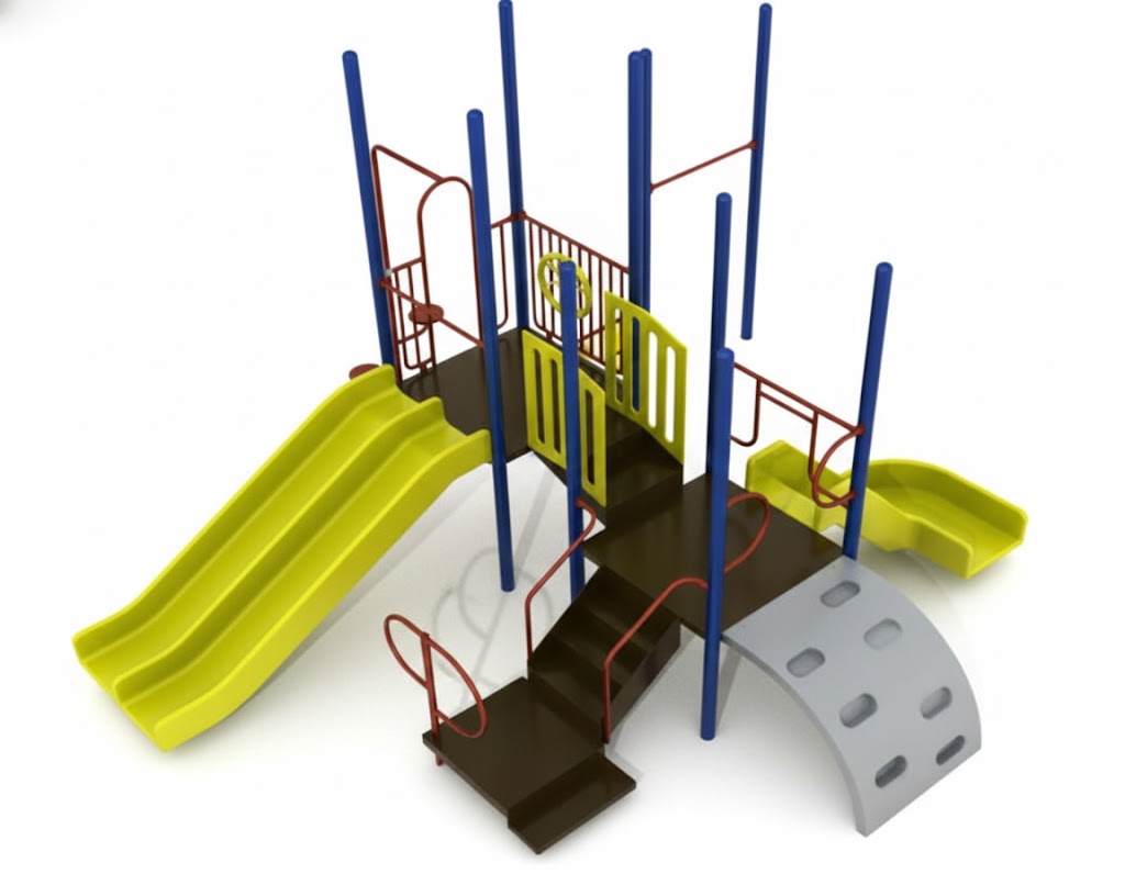 Miss Lindsey Modular Playground with triple yellow slide, climbing wall, red guard rails, blue support posts, and multiple decks on wood chip ground