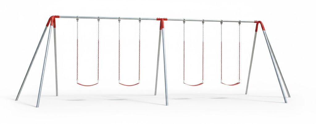 Heavy Duty 8 Foot High Swing Set with four red chain swings and sturdy silver metal frame in outdoor park setting