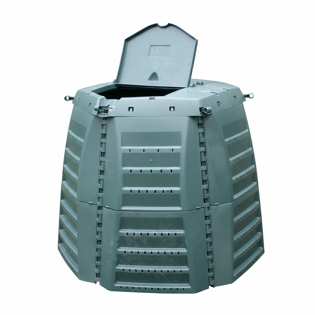 Thermo Star 1000 Compost Bin in green with ventilated insulated Thermolen walls and open lid outdoors with woman adding organic waste