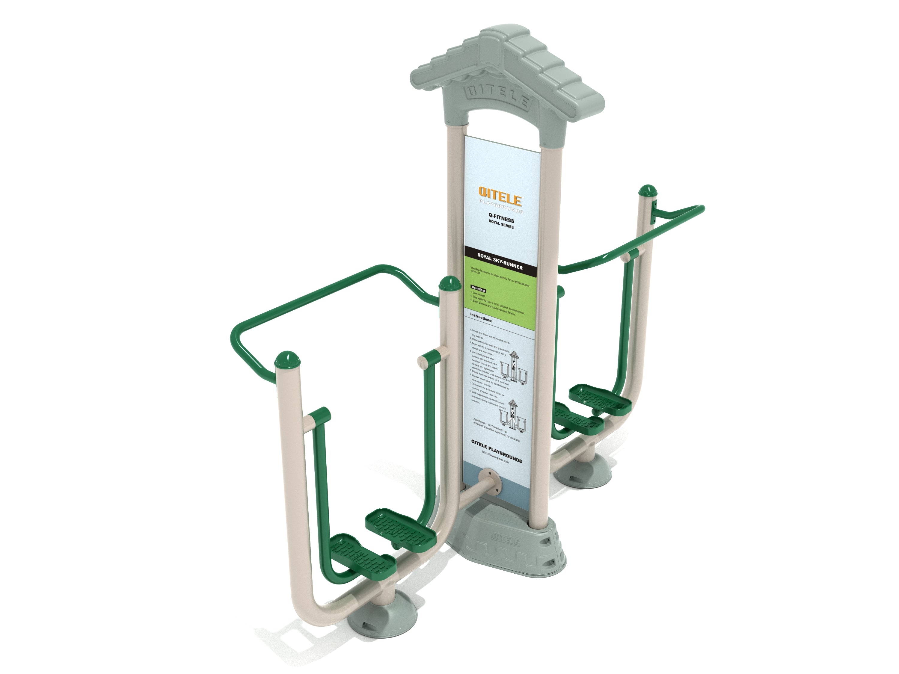 Outdoor double fitness machine with side-by-side foot pedals, sturdy handles, and instructional panel for cardio workouts