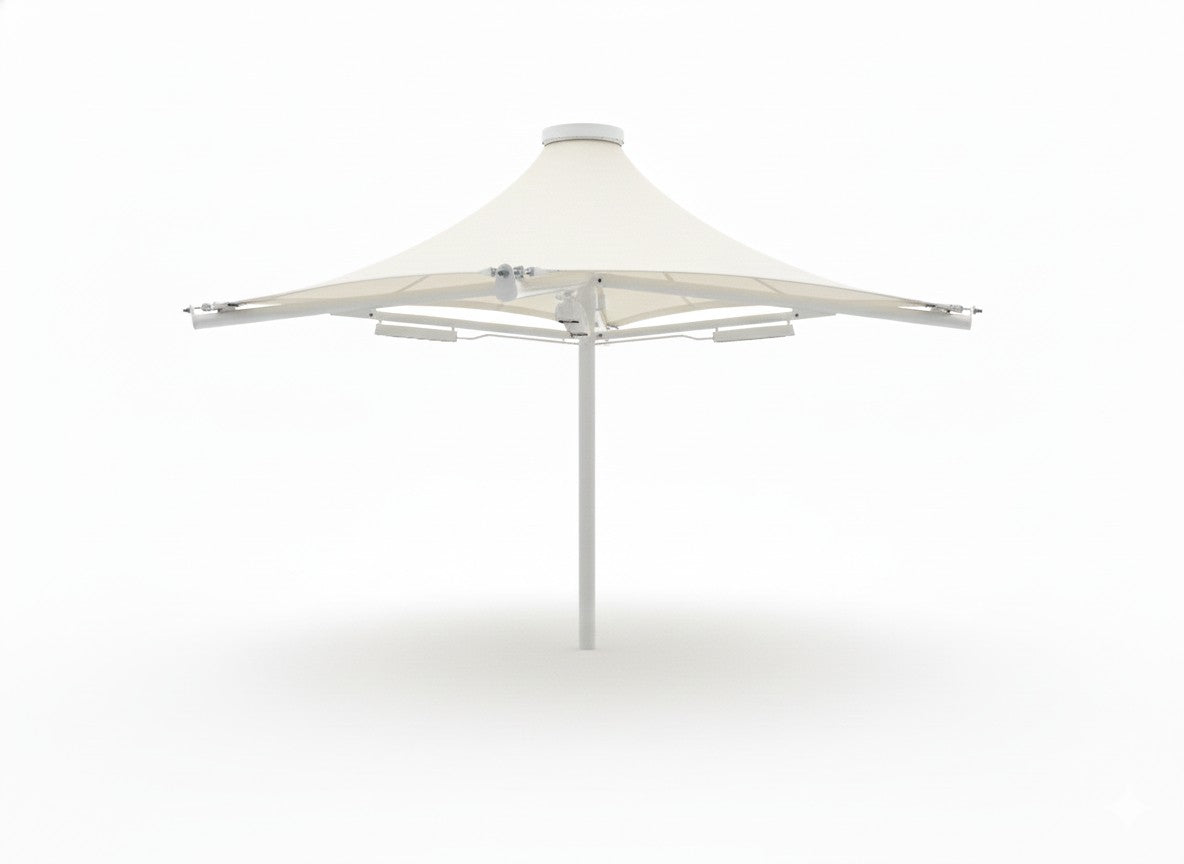Twilite 4 Point Shade Structure with single-column and contoured white fabric roof providing modern outdoor shade