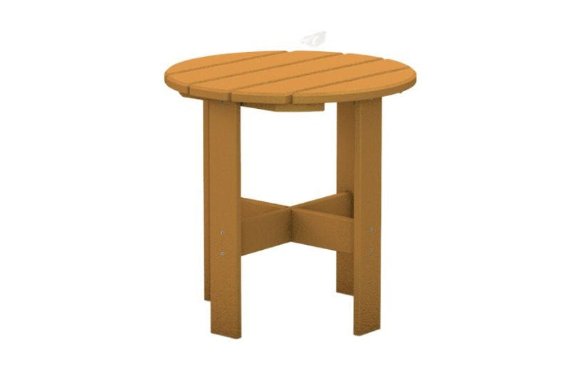 Adirondack Recycled Plastic Side Table in brown with round slatted top and cross-braced legs, eco-friendly outdoor furniture accessory