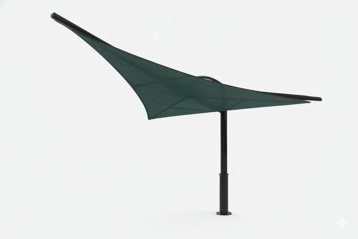 Rotating Shade Sail Structure with triangular green shade sail on black steel post over outdoor patio seating and garden plants