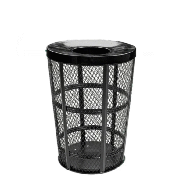 Outdoor Steel Mesh Corrosion Resistant Trash Can with flat top, black expanded steel body, circular bands, and lateral braces