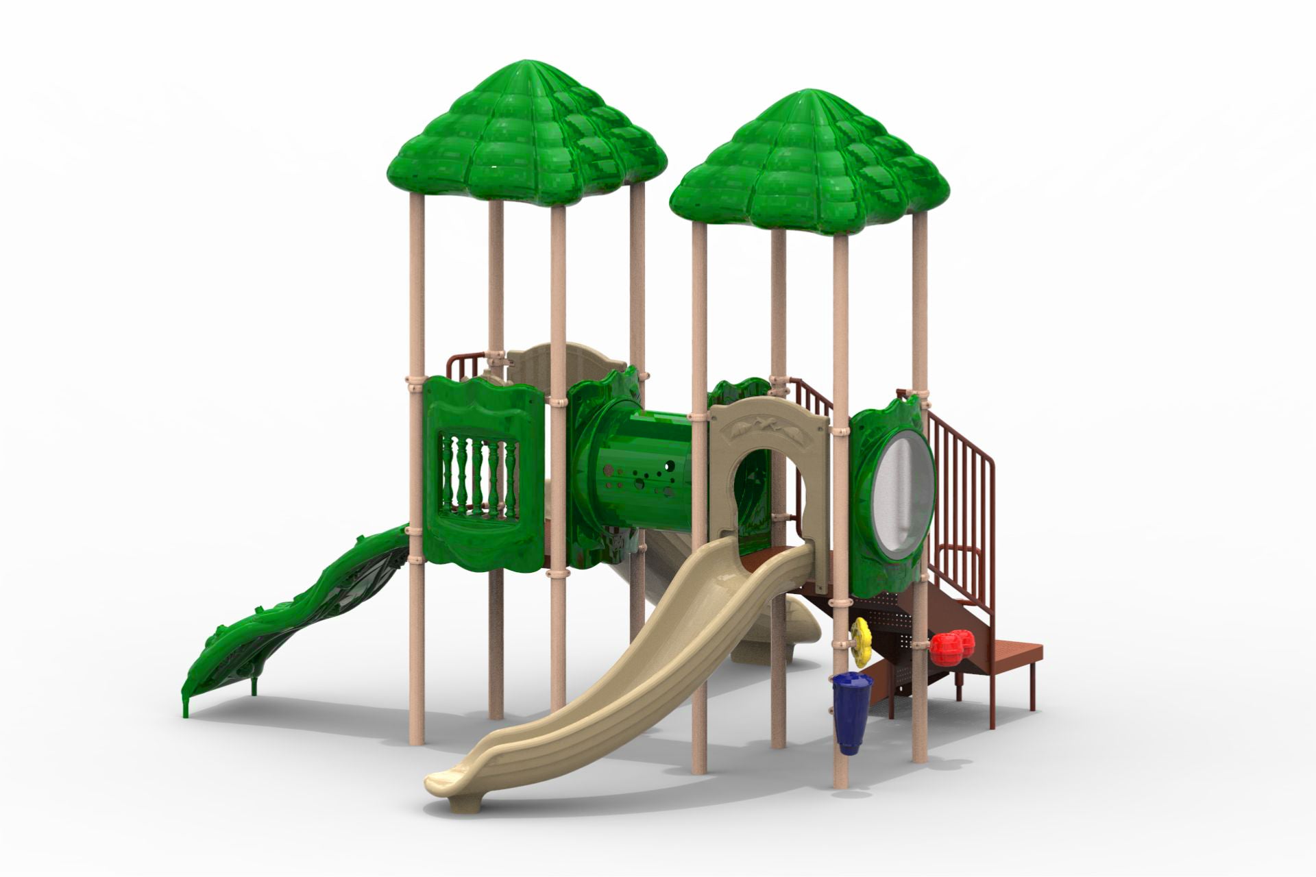 Compact playground structure with two green leaf-shaped roofs, beige slides, crawl tunnel, and climbing features