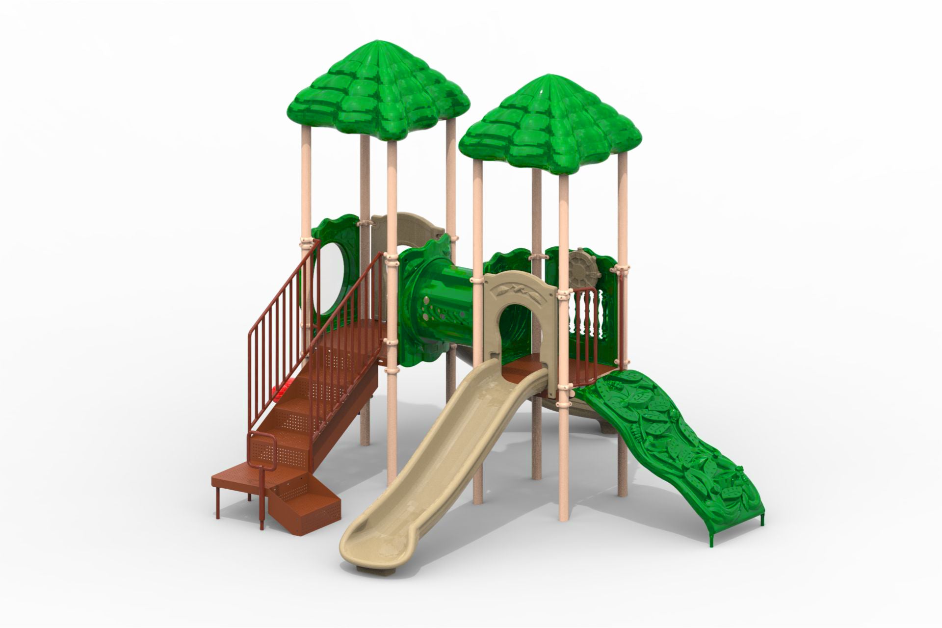 Signal Springs Play System with two green roofs, beige and green slides, brown stairs, and a green crawl tunnel
