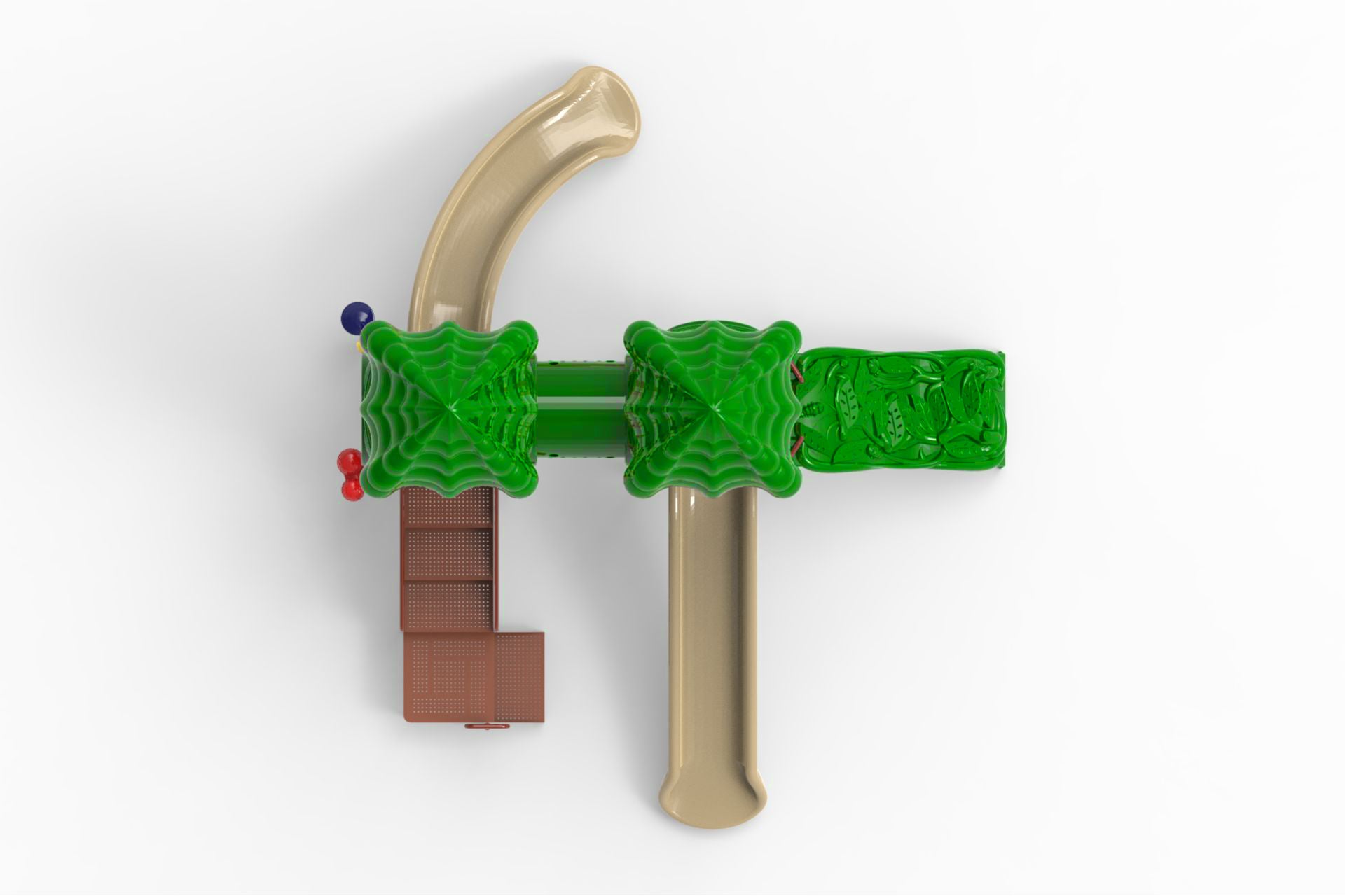 Overhead view of compact playground with two green roofs, beige slides, brown climbing platform, and green crawl tunnel