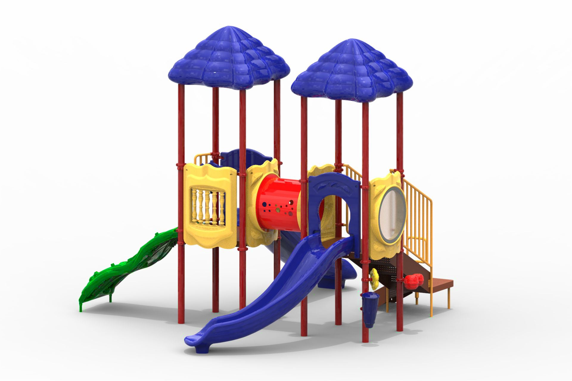 Colorful playground structure with two blue roofs, red support poles, yellow panels, red crawl tunnel, and blue and green slides