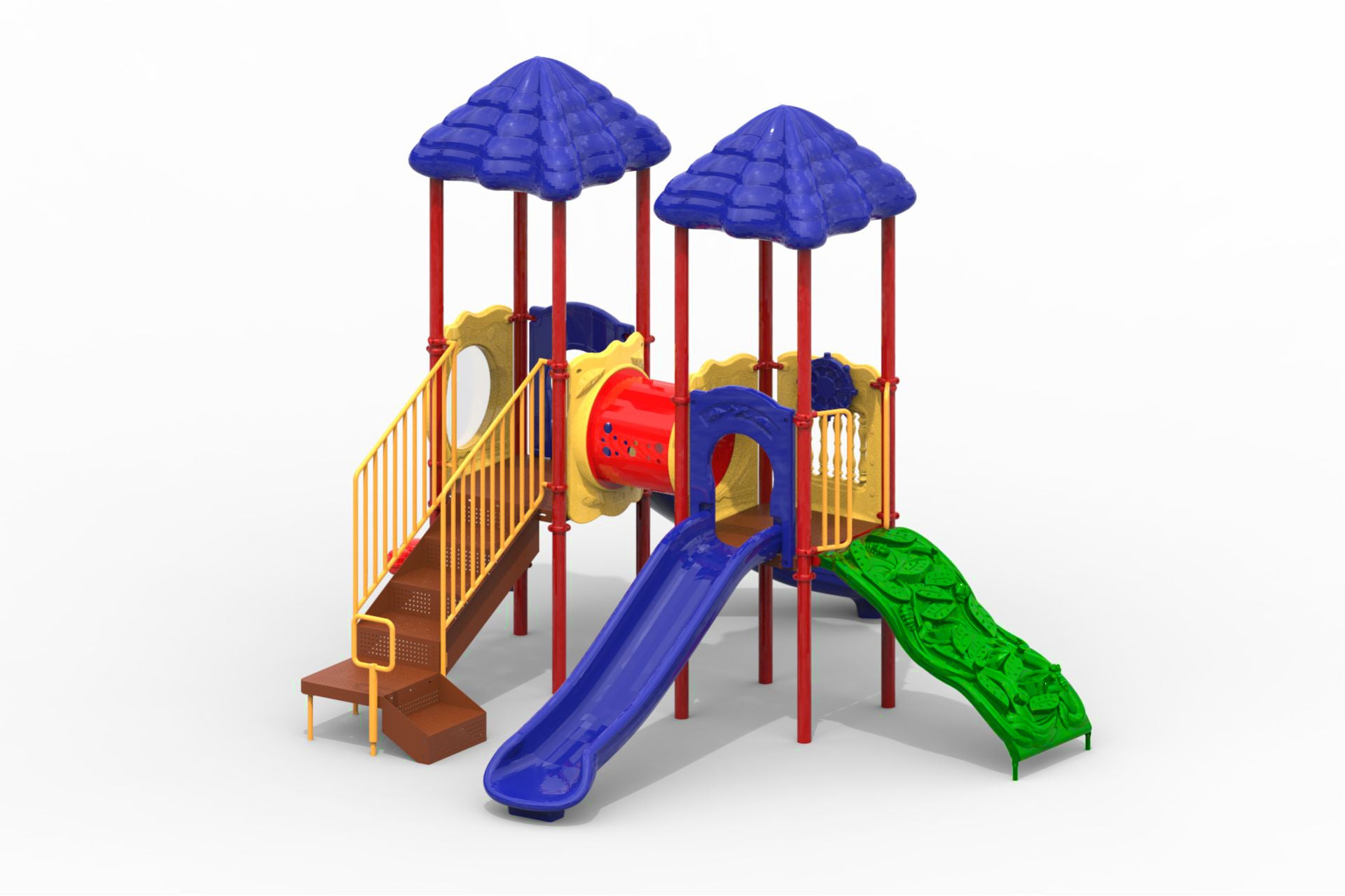 Compact playground structure with two blue roofs, red poles, yellow stairs, green climbing wall, and blue slide