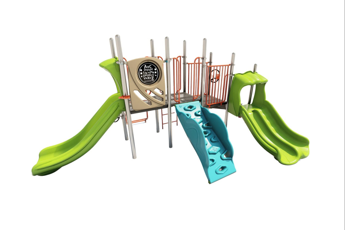 Silver Cloud Playground with green double slide, blue climbing wall, beige sensory panel, and orange railings on steel frame