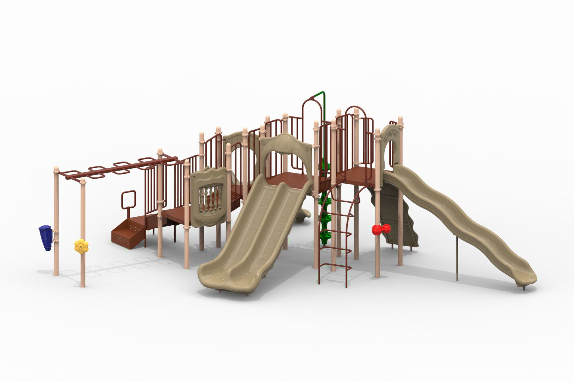 Large playground structure with multiple beige slides, brown climbing frames, monkey bars, and activity panels.