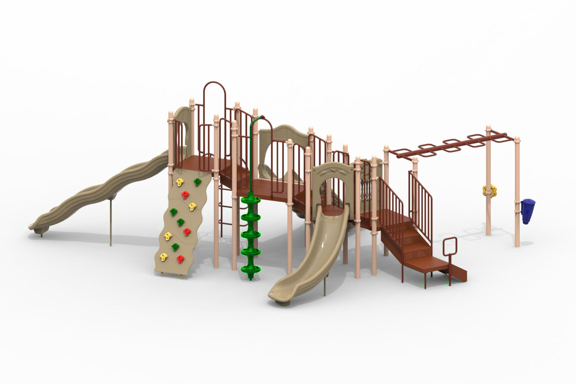 Slide Mountain Play System with four slides, climbing wall, monkey bars, and arched climber in natural tones