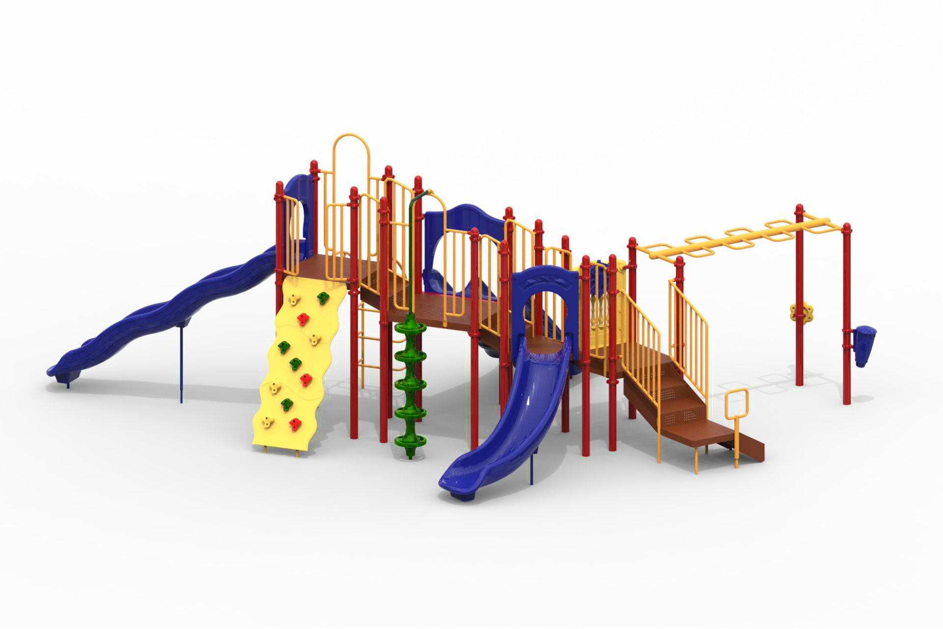 Colorful playground structure with multiple slides, climbing wall, monkey bars, and interconnected platforms for active play and exploration