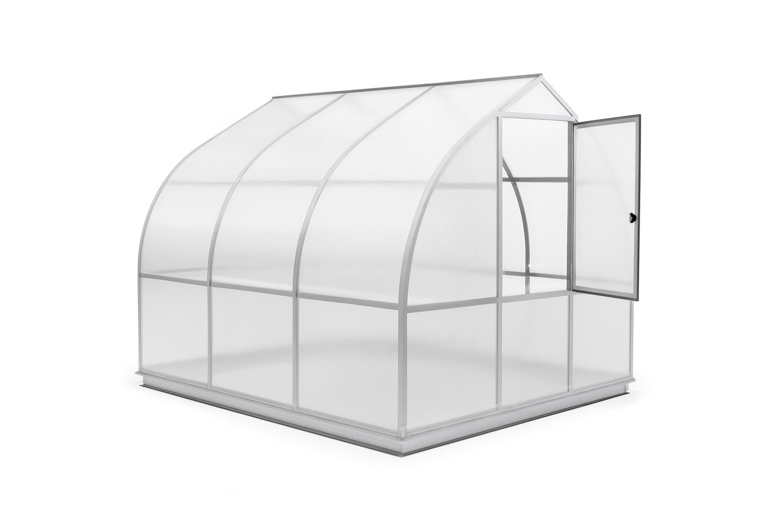 Riga 3s Greenhouse with curved twin-wall polycarbonate panels, barn-style door with lock, roof and rear wall windows, metal frame outdoors