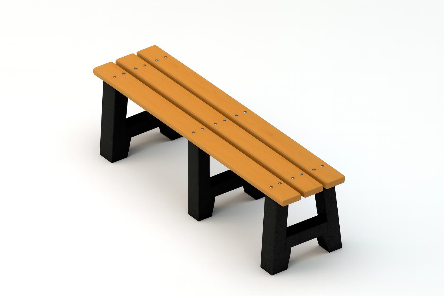 Recycled Plastic Sport Bench with cedar-colored resinwood slats and black metal legs, durable weather-resistant outdoor seating for parks and sports fields