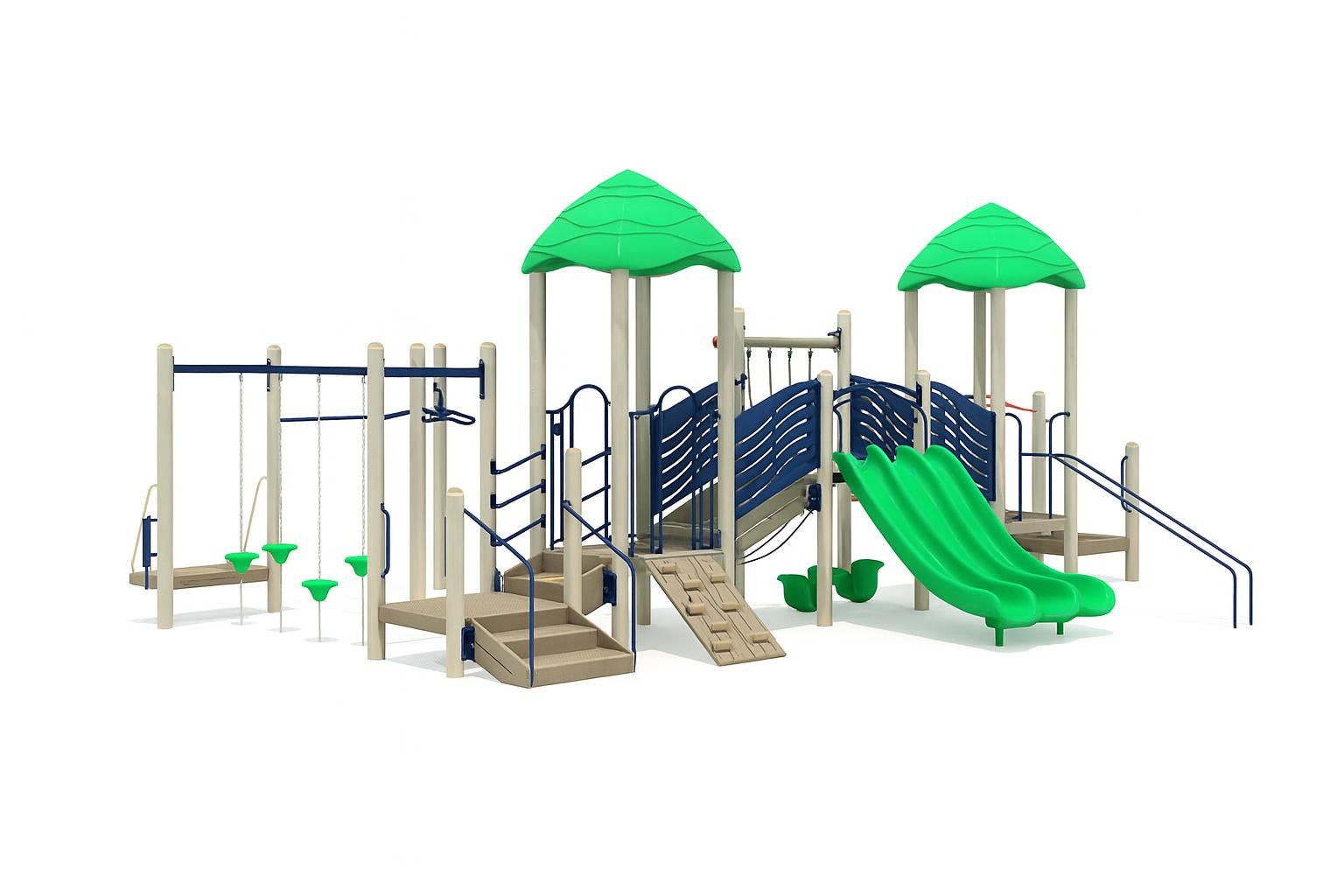 Bridge Station Play System with triple green slides, curvy blue railings, green canopies, swings, climbing wall, and beige platforms on wood chip ground cover