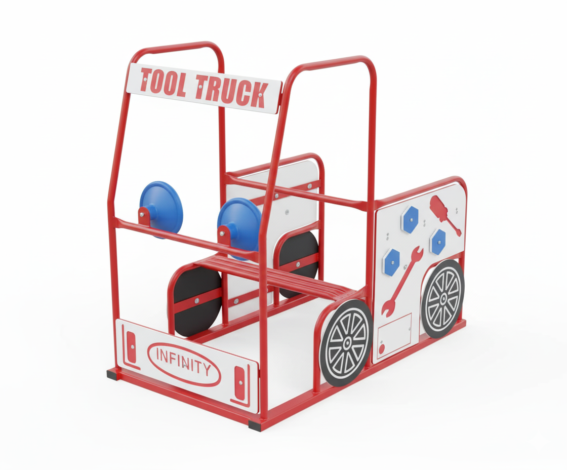 Tool Truck small play equipment with red frame, blue steering wheels, and interactive tool-shaped panels for outdoor learning play