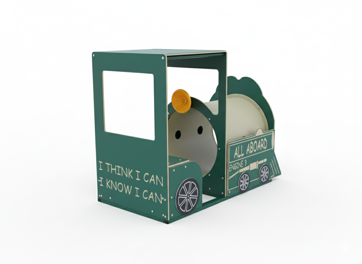 Train Engine playground feature with green metal frame, crawl-through tunnel, steering wheel, and metal bar seat for two children.