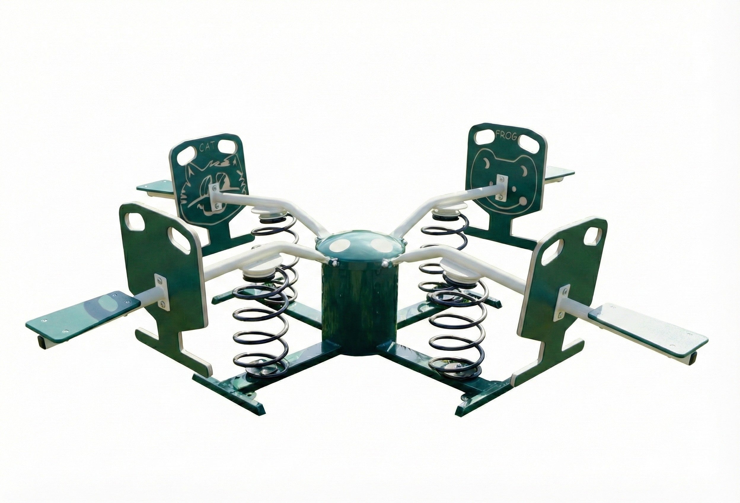 Animal Spring-About Multi-Person Spring Rider with four green animal-themed seats on black springs in outdoor play area on grass