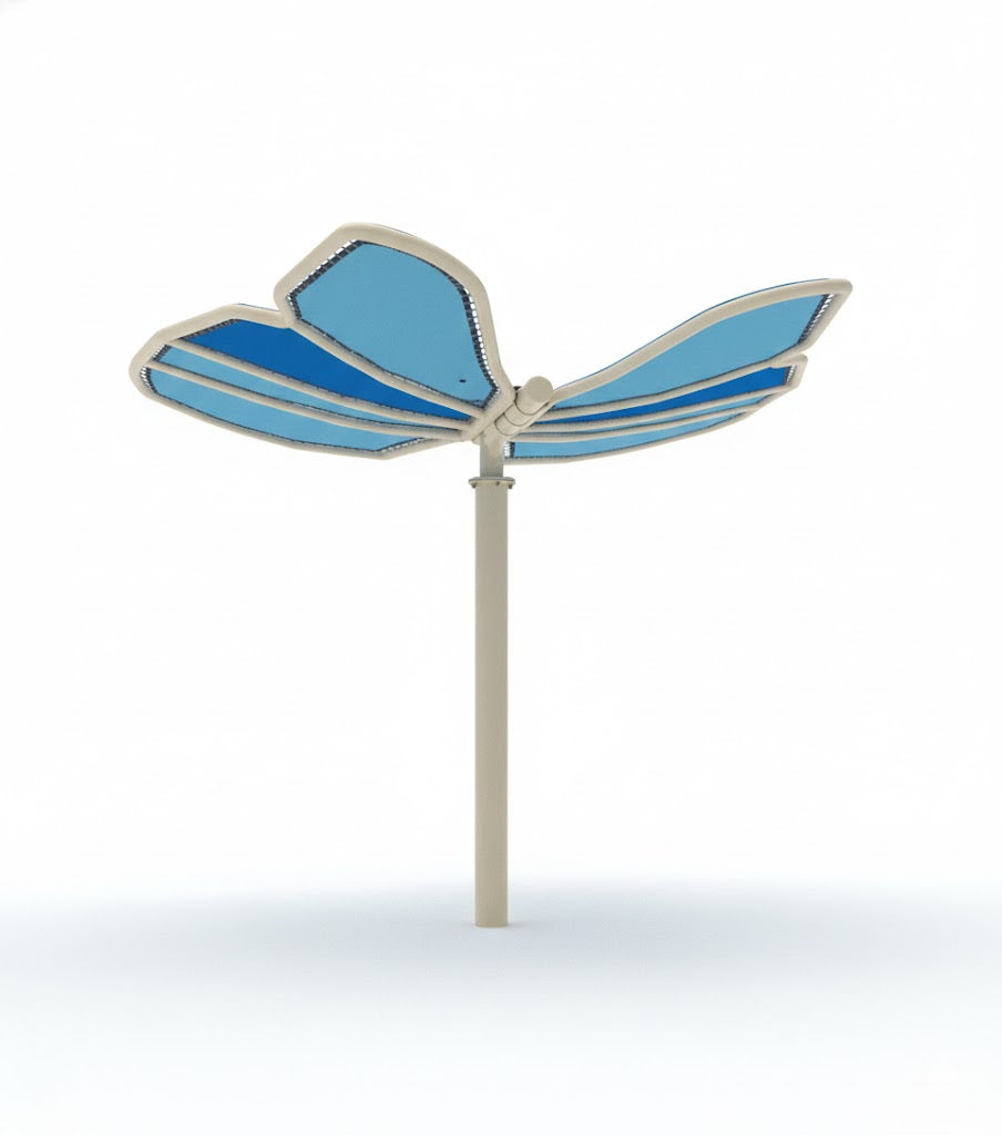 Butterfly Wings Shade Structure with blue fabric panels and white frame, three-wing design shading playground slide and climbing features outdoors