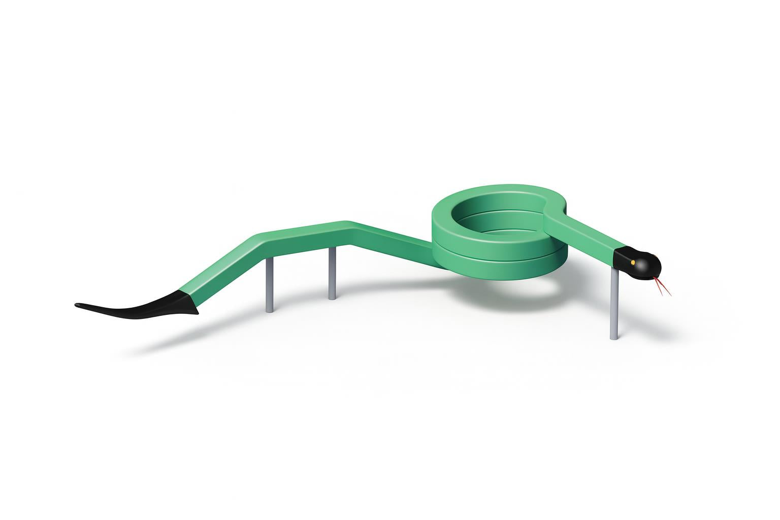 Green Mamba climbing equipment with winding green snake-shaped balance beam, coiled sections, black head, and red tongue