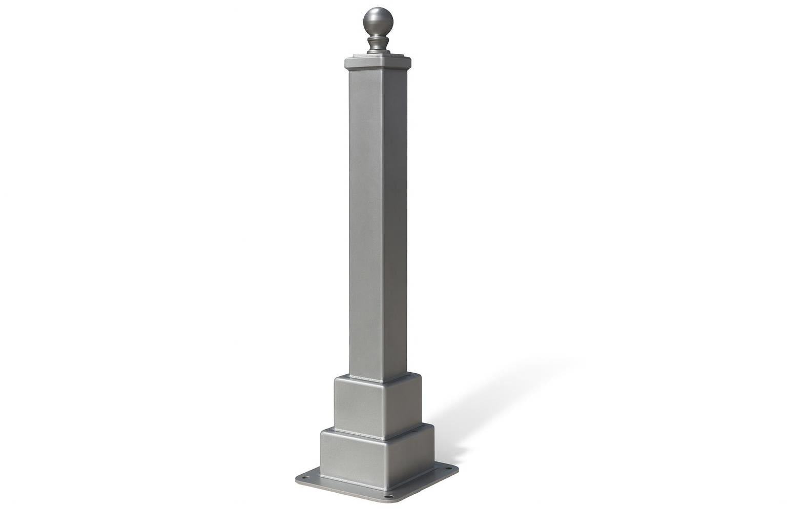 Charleston Series BollardPark Bollard in gray steel with square base and rounded finial top, durable powder-coated finish