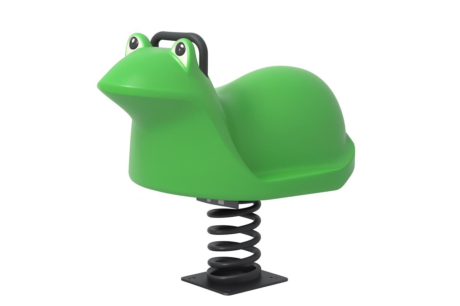 Frog Spring Rider playground equipment featuring a bright green frog design and black spring base on sandy ground
