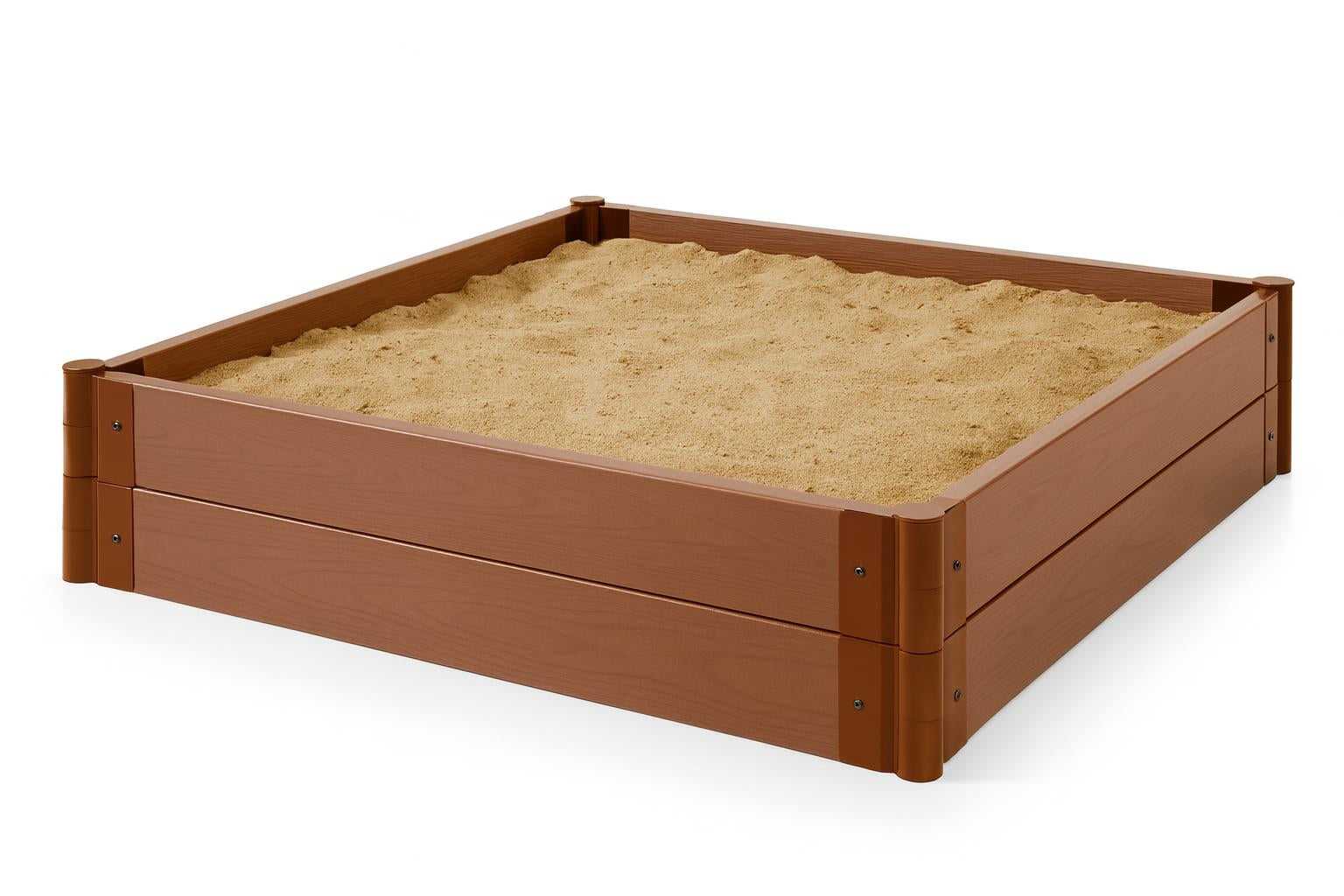 Tool-Free Classic Sienna Composite Square Sandbox Kit with deep sand, durable composite boards, snap-lock corners, and sandcastle on green grass