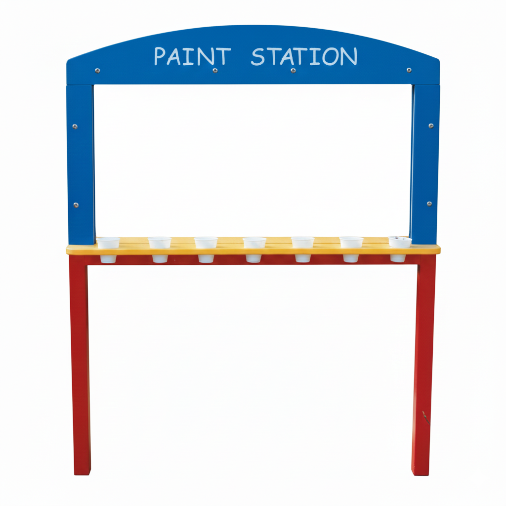 Playground Paint Station with double-sided clear polycarbonate surface, blue frame, yellow paint shelf, and red legs