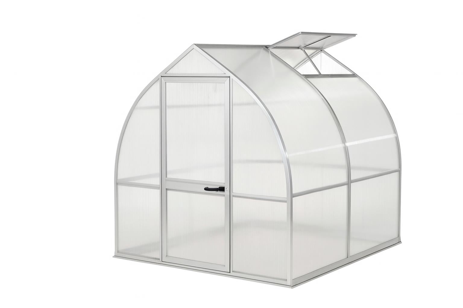 Riga 2s Greenhouse with curved twin-wall polycarbonate panels, roof vent window, barn-style door, and potted plants inside