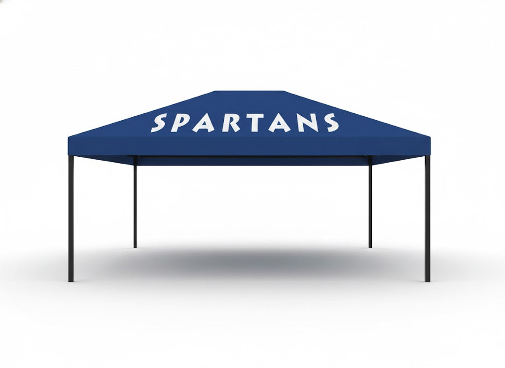 Hip Roof Shade Structure with blue rectangle canopy, four black posts, covering picnic tables and trash bins, featuring "Spartans" lettering