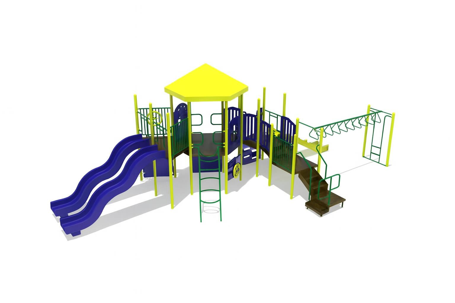 Canyonlands WillyGoat Playground with dual blue slides, yellow hex roof, green climbing structures, monkey bars, and wood chip ground