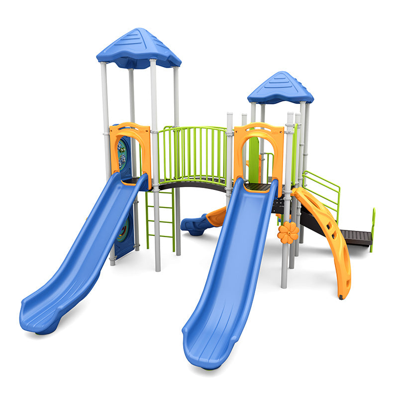Colorful playground structure with two blue slides, climbing elements, interactive panels, and blue roofs