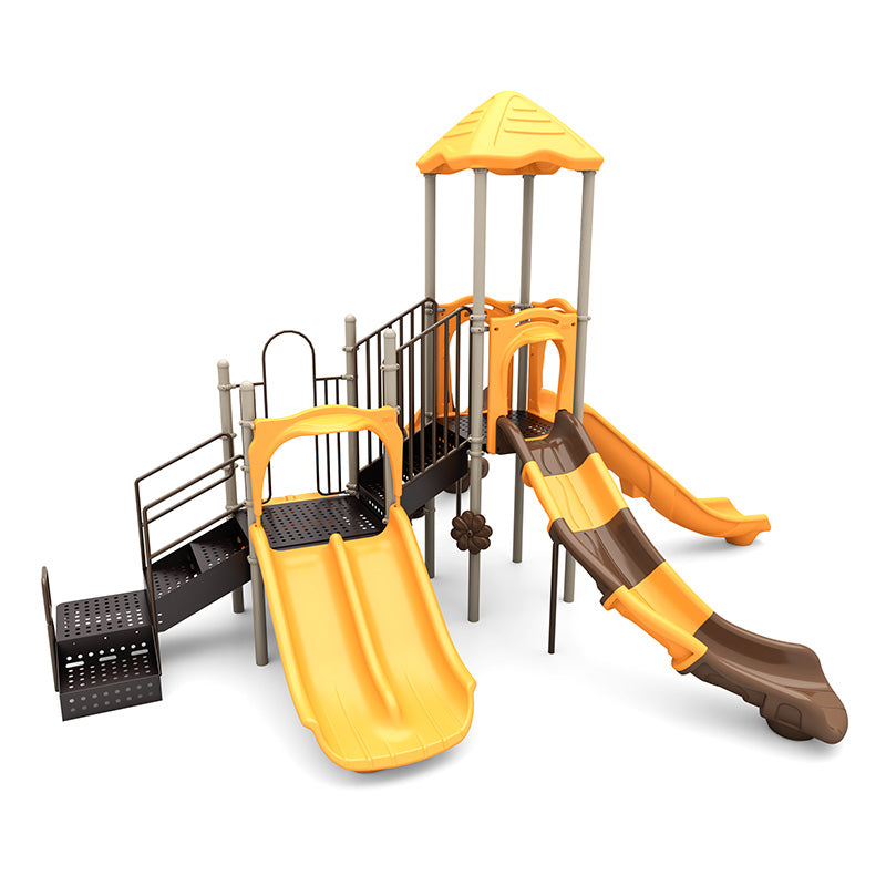 Vibrant orange and brown playground with multiple slides, stairs, covered platform, bongo drums, rain wheel, and fish climber