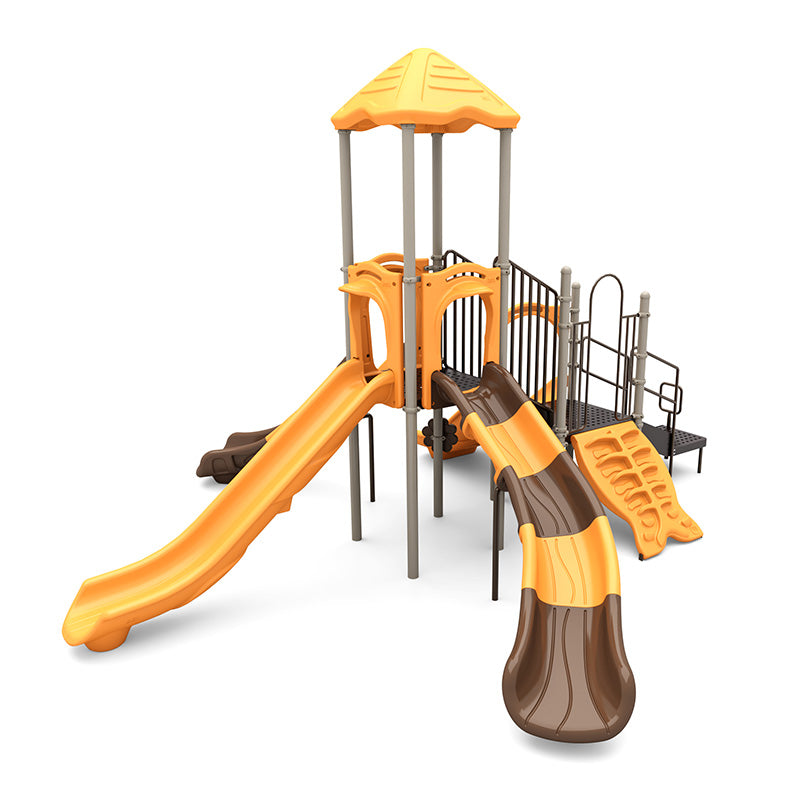 Vibrant orange and brown playground with multiple slides, climbing features, covered platform, bongo drums, and rain wheel.