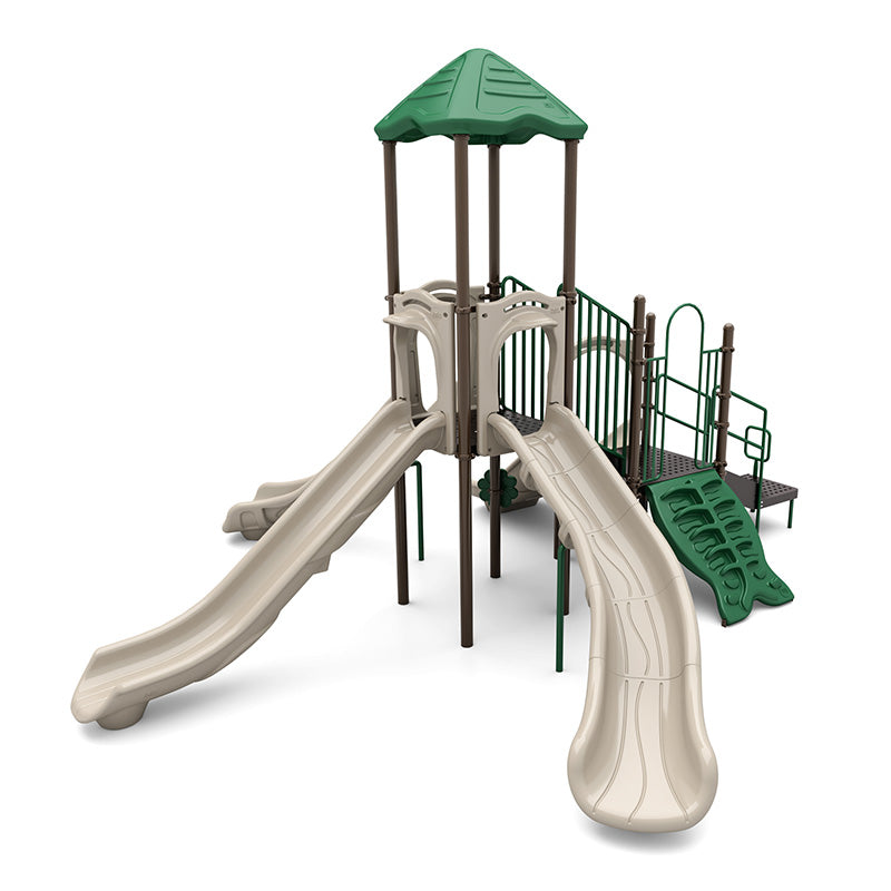 Triad Falls Playground with green roof, beige slides including double slide, fish climber, climbing stairs, bongo drums, and rain wheel