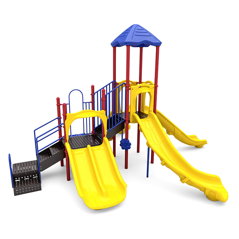 Colorful playground structure with three yellow slides, blue railings, red posts, blue roof, bongo drums, rain wheel, and fish climber.