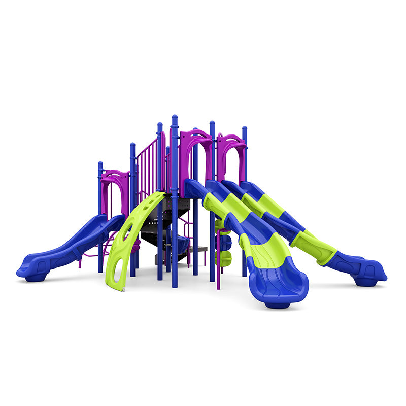 Colorful playground structure with multiple slides, climbers, bongo drum, and play panels in blue, green, and purple.