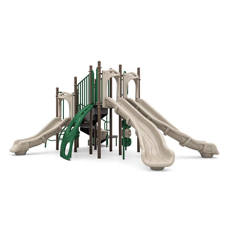 Twin Falls Playground with beige slides, green climbers, bongo drum, rain wheel, and ADA transfer station for inclusive play