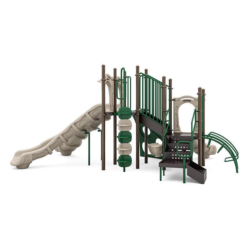 Large green and beige playground structure with slides, climbers, stairs, interactive panels, and inclusive play features.
