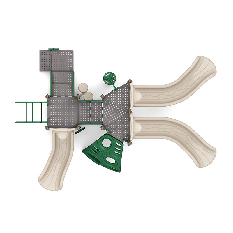 Overhead view of large playground structure with multiple slides, climbers, play panels, and inclusive features in neutral and green tones