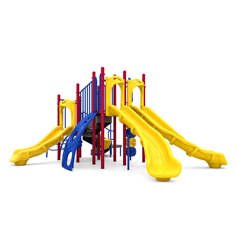 Colorful playground structure with yellow slides, blue and red climbing elements, and inclusive play features for children outdoors