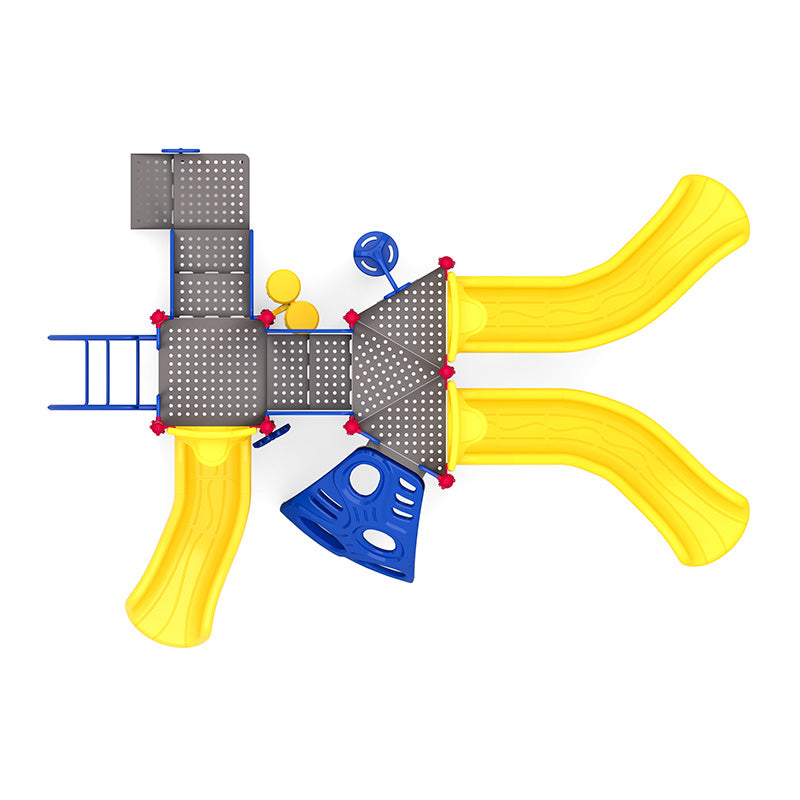 Overhead view of colorful playground with yellow slides, blue climbers, interactive panels, and inclusive play features