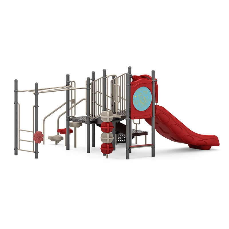 Compact playground structure with red slide, climbing ladder, activity panels, rain wheel, and beige-gray support posts