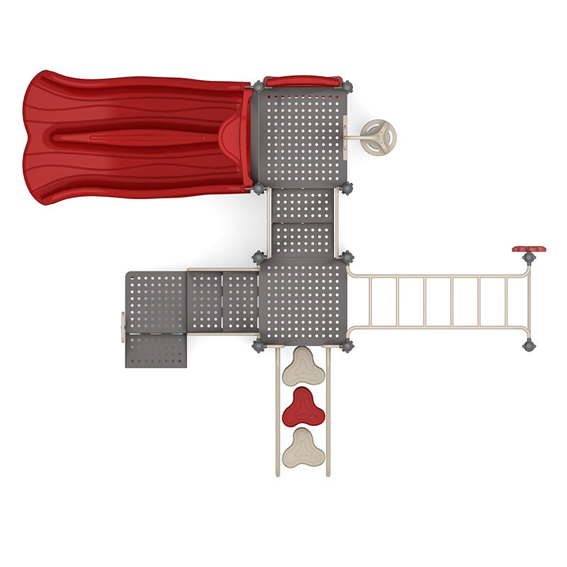 Overhead view of a vibrant playground system with double red slide, climbing ladder, platforms, and interactive play panels